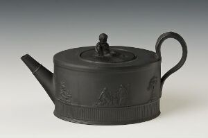  A traditional cast iron teapot with a matte finish, featuring raised Asian-inspired reliefs, with a stout handle and a flat, round lid. The teapot is displayed against a gradient background that transitions from light gray to white. Artist name and title are unknown.