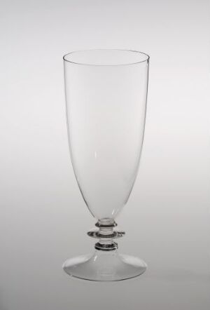  A clear glass goblet with a slender profile and decorative nodes on the stem, set against a light grey background.