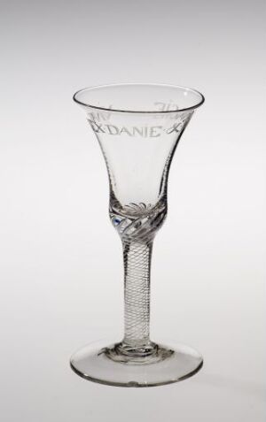  A clear glass wine goblet with a flared rim, decorative diamond pattern on the upper stem, vertical lines on the lower stem, and a sturdy base, set against a light grey background.