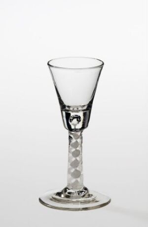  An elegant, transparent glass goblet with a conical bowl, a diamond-faceted stem, and a round base, against a white background. Artistname and title remain unknown.