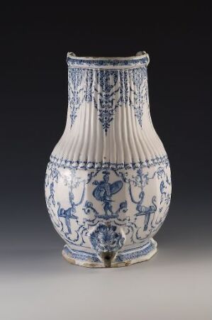  A traditional blue and white porcelain vase with a bulbous body and a long neck, decorated with intricate floral and animal patterns, against a graded dark to light background.