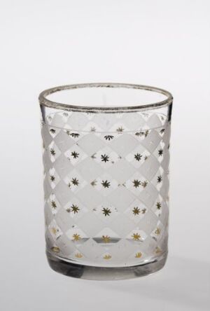  A cylindrical transparent glass with a uniform pattern of etched stars and small floral motifs against a neutral background. The glass exhibits a sophisticated simplicity with its decorated surface catching the light and providing a textured appearance. Artistname and title are unknown.