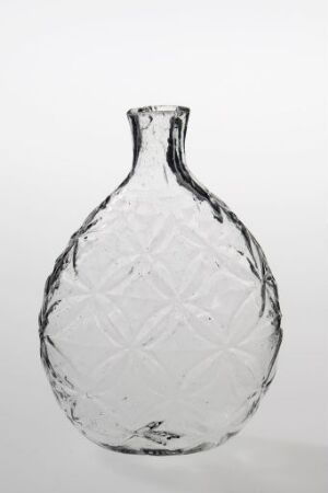  A transparent glass bottle with an intricate diamond pattern, featuring a short neck and flared opening, showcased against a gradient white to gray background.