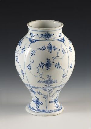  A porcelain vase with a white background and blue floral patterns, exhibiting a traditional East Asian design with a woodland motif. The vase has a wide, curvaceous body with a tapered neck and a slightly flared rim, standing against a neutral background.