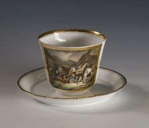  A Bing & Grøndahl porcelain cup and saucer titled "Til sæters", featuring a pastoral scene in sepia tones with gilded edges, set against a neutral background.