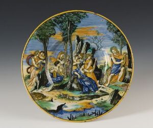  A colorful majolica plate titled "Apollo spiller harpe for musene på Parnasset" by Francesco Xanto Avelli, depicting Apollo playing a harp surrounded by the Muses on Mount Parnassus, with rich blues, yellows, and greens in a detailed Renaissance-style scene.