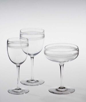  Three empty, transparent glass stemware pieces with different shapes, set against a light gray background. The glass on the left is a tall wine glass, the middle is a traditional goblet, and the right is a wide-brimmed coupe, all reflecting light and casting soft shadows. Artist's name and title are unknown.