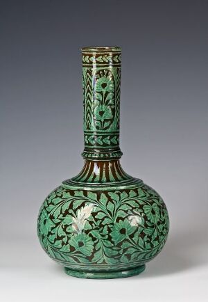  A decorative vase with a bulbous body and elongated neck, featuring elaborate emerald green and gold floral designs over its entire surface, conveying a luxurious and historical aesthetic. Artist name and title are unknown.