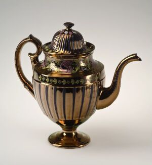  Vintage purple and pale gold striped teapot with a golden handle, spout, and base, featuring a decorative finial on top against a neutral background. Artist name and title unknown.