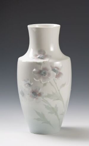  A slender white vase with delicate lavender and pale purple floral designs set against a soft gray gradient background. Artist name and title are unknown.