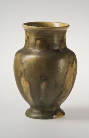  An elegant, bulbous ceramic vase with a reflective bronze finish, displaying vertical streaks of lighter and darker tones, stands against a neutral background.