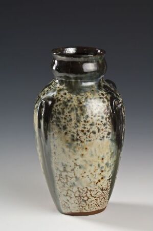  An elegant, glossy vase with a cream base and dense speckling pattern that transitions from light at the top to dark at the bottom. The vase's reflective surface stands out against a dark grey background. The artist's name and title are unknown.