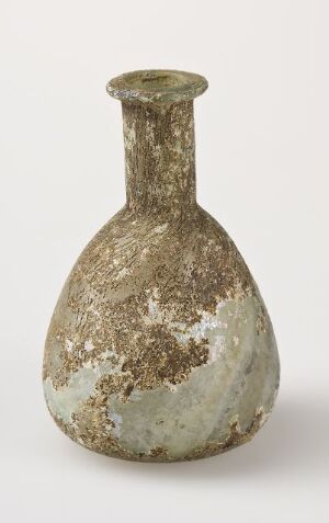  An ancient glass bottle with a slender neck and bulbous base, featuring a cloudy white color and random golden flecks throughout, against a neutral background. Artistname and title are unknown.