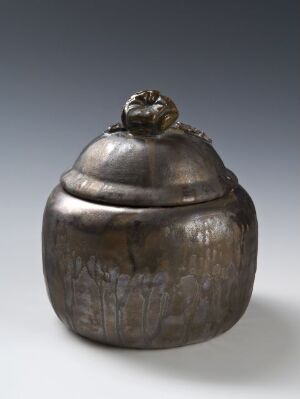  A dark-toned metallic lidded vessel with a rounded base, featuring engraved patterns suggestive of leaves and a domed lid with a decorative finial, presented against a soft grey background.