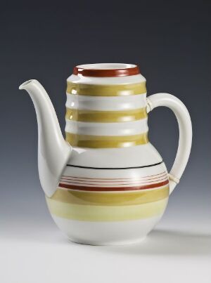  A porcelain coffee pot designed by Porsgrunds Porselænsfabrik AS, titled "Modell 1875", featuring horizontal bands of gold, red, olive green, and creamy yellow on a white feldspar porcelain body with an overglaze decoration. The pot has an elegant shape with a curved handle and spout, set against a grey background.