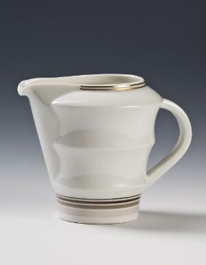  A Porsgrunds Porselænsfabrik AS porcelain jug with a creamy white finish featuring two parallel bands in a soft brownish-grey around the center, exemplifying minimalist design.