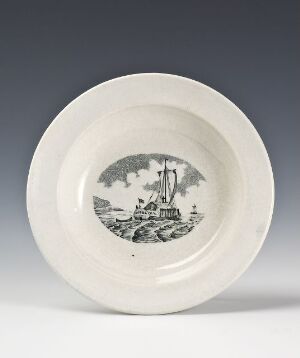  A glossy, off-white ceramic plate with a detailed black-and-white illustration in the center featuring maritime imagery, including ships and a castle-like structure, reminiscent of historical seafaring scenes.