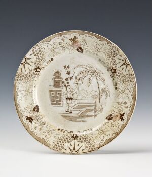  An antique ceramic plate with a central historical scene surrounded by botanical and geometric patterns, predominantly in shades of cream, beige, and brown.