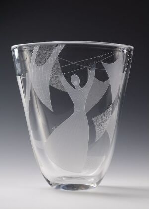  A translucent glass vase with an etched design of a stylized human figure with outstretched arms blending into leaf-like shapes, set against a gradient background transitioning from dark to light gray.