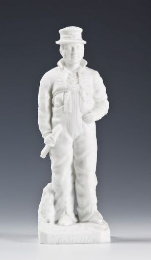  A porcelain sculpture titled "Setesdöl" by artist Johan Sirnes, featuring a white, unglazed biscuit porcelain figure of a man in traditional Norwegian attire, standing with a hand on his hip and a walking stick in the other, set against a neutral grey background.