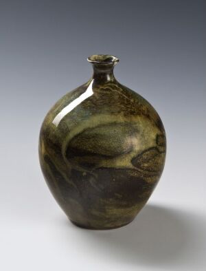  A rounded, marbled olive-green and umber ceramic vase with a narrow neck, against a light grey background.