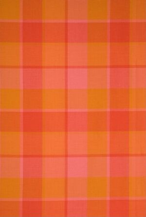  A close-up of a warm-toned, orange checkered pattern with varying shades of coral, peach, and deep red-orange forming a grid that resembles a tartan or plaid design.