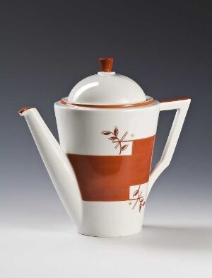  "Modell 1848" teapot by Nora Gulbrandsen, featuring white feltspatporselen with a terracotta colored band and stylized hand-painted brown-red botanical motifs. The teapot has a modern angular spout and handle, with the lid's knob echoing the terracotta color.