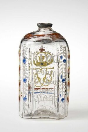  A decorative glass bottle with a flattened oval shape and a regal coat of arms painted in the front. The emblem features a crown, lions, fleur-de-lis motifs, and blue vertical designs along the sides against a transparent background.