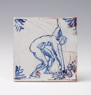  A ceramic tile featuring a dynamic blue and white illustration of a human figure in a contorted pose with blue leaf-like motifs in the background.