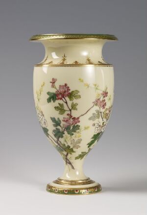  An elegant porcelain vase with a flared lip and narrow neck, expanding to a wider body with a stemmed base. The vase is ivory, adorned with floral patterns in shades of pink, fuchsia, and green, and embellished with golden accents on the lip and base.