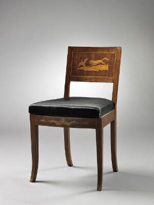  An elegant, fernissert Cuban mahogany chair veneered on beech and oak with boxwood inlay marquetry in the backrest, featuring horsehair upholstery on the seat. The chair, called "Stol" by an unidentified producer, showcases a polished reddish-brown finish with contrasting black upholstered seat and elaborate inlay detail on the backrest that illustrates a nature-inspired scene.