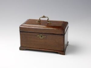  An antique wooden chest with a domed top and a golden handle, featuring a keyhole with decorative metalwork set against a light grey background. Artistname and title are unknown.