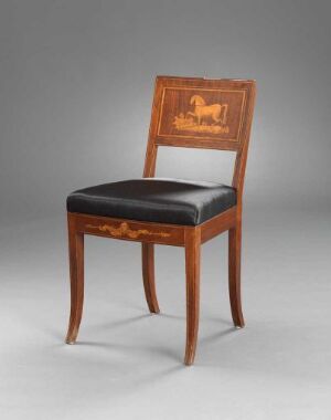  An elegant wooden chair with a black upholstered seat and a backrest featuring an inlaid pastoral scene with a sheep, set against a light grey background. Artist's name and title are unknown.