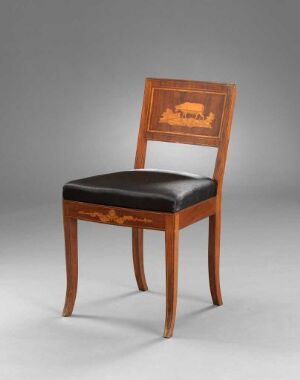  An elegant wooden chair with honey-toned wood and black upholstered seat. It features straight legs, a curved back support, and a backrest with an intricate landscape marquetry design. The chair is set against a neutral gray background. Artist name and title are unknown.