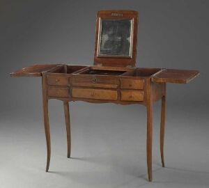  Antique wooden dressing table with curved legs, the top opened to reveal a mirror and multiple compartments, set against a neutral background.