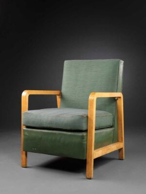  A vintage-style armchair with a light honey oak wooden frame and plush olive green cushions, set against a dark grey background.