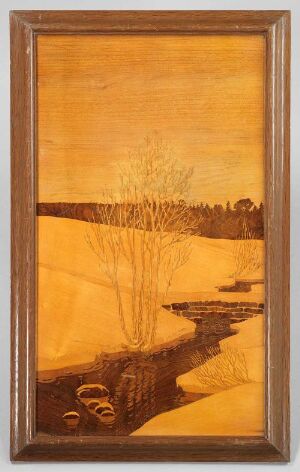  A tranquil pastoral landscape painting rendered in warm sepia tones, featuring a serene sky, a leafless tree line at the horizon, an open field with a meandering path or stream, and subtle impressions