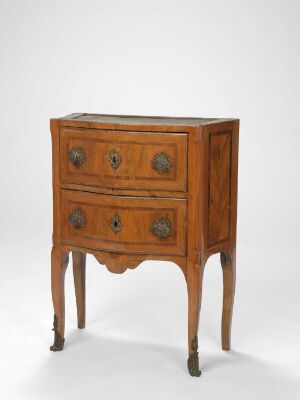  An antique wooden chest of drawers with three drawers and ornate brass handles, standing on elegant cabriole legs against a white background. Artist name and title are unknown.