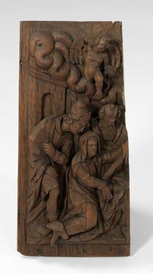  A vertical, rectangular wooden panel with an intricately carved relief of three human figures in period attire interacting with one another, in medium to dark brown tones showcasing the wood's natural grain.