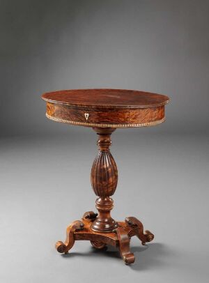  An antique round wooden table with ornate turned central column and scrolled legs ending in clawed feet, displaying craftsmanship from the 19th-century tradition, against a gradient gray background.