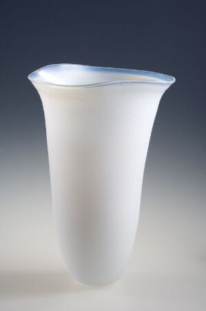  "Songs for White" by Karen Klim, a blown and etched glass vase with a matte white finish, elegantly flaring at the top against a soft gradient background.