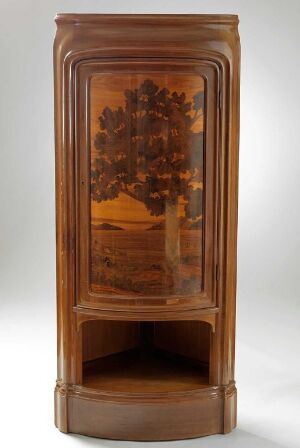  Antique varnished mahogany corner cabinet "Hjørneskap" by Christopher Knag, displaying intricate wood grain and inlay patterns with a glass front door, set against a neutral background.