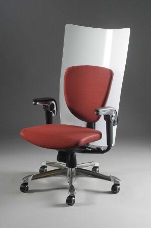  "HÅG H09 Privacy 9420" office chair designed by Svein Asbjørnsen with a white plexiglass high backrest and a red padded seat and lower back support, featuring adjustable armrests and a chrome-finished metal base with casters.