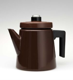  A shiny brown coffee pot with a black handle and knob, set against a graduated light gray background.