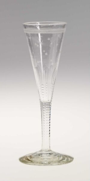  A slender, clear champagne flute with a spiral-textured stem and a flat base showcased against a soft grey-to-white gradient background.