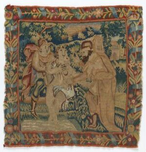  A handwoven Gobelin tapestry titled "Susanna i badet" by an unidentified artist, depicting a biblical scene with Susanna being confronted by two men during her bath, framed by a symmetrical floral border in muted earth tones with accents of red, blue, green, and yellow.