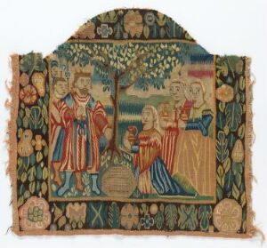  An ancient textile artwork with an arched top, depicting a pastoral scene with four human figures in medieval clothing, standing amidst trees and fruits with a decorative border.