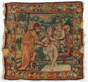  A gobelin tapestry titled "Susanna i badet" by an unidentified artist, depicting a startled woman bathing in a garden flanked by two robed men, with a decorative border in vibrant reds, greens, golds, and blues, assembled from wool, silk, and linen yarns.