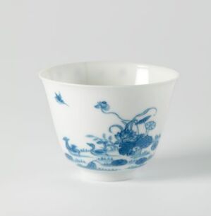  A blue and white porcelain bowl with traditional blue underglaze designs on a neutral background, artist name and title unknown.