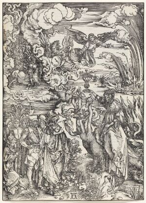  "The Whore of Babylon" by Albrecht Dürer, a black and white woodcut on paper, depicting a central figure on a seven-headed beast surrounded by various human figures against a backdrop of swirling clouds and patterns.